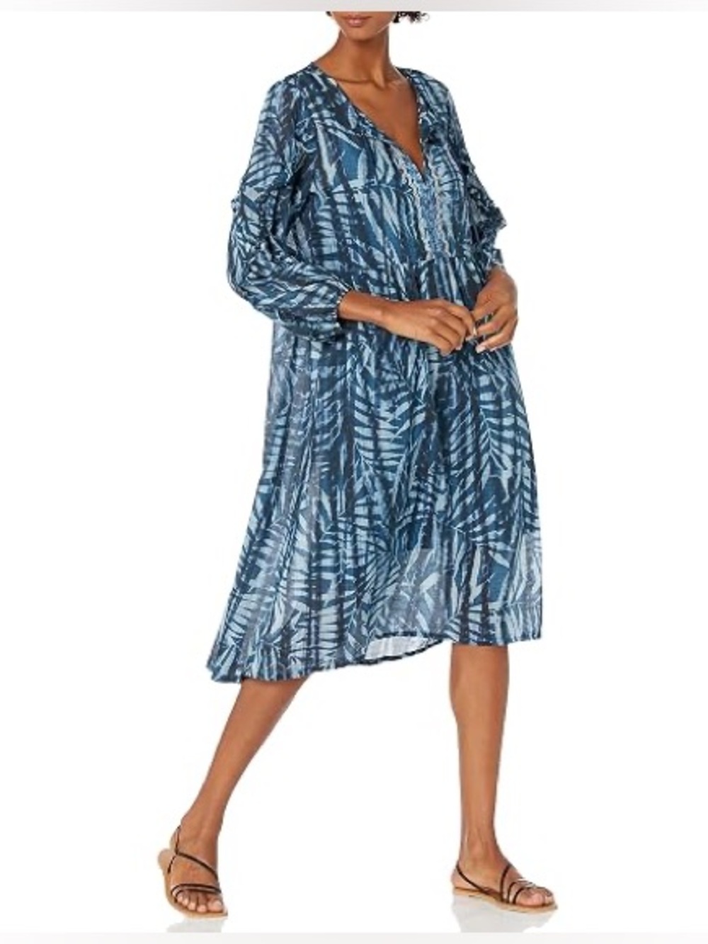 Johnny Was Tropic Twilight Ruffle Sleeve Midi Dress In Multi Blue | Size XXL